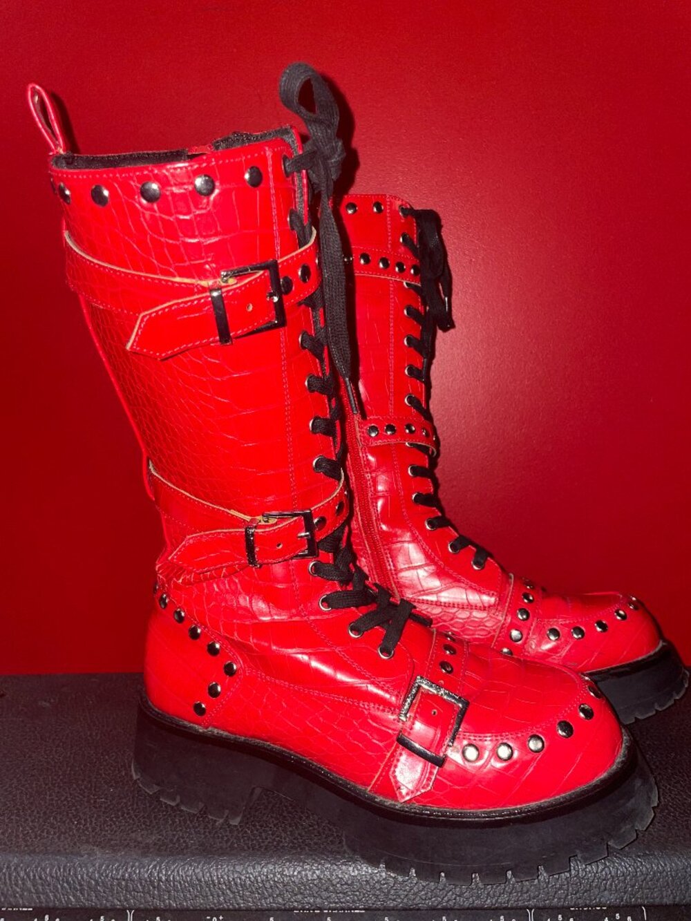 ASOS red studded combat boot 8